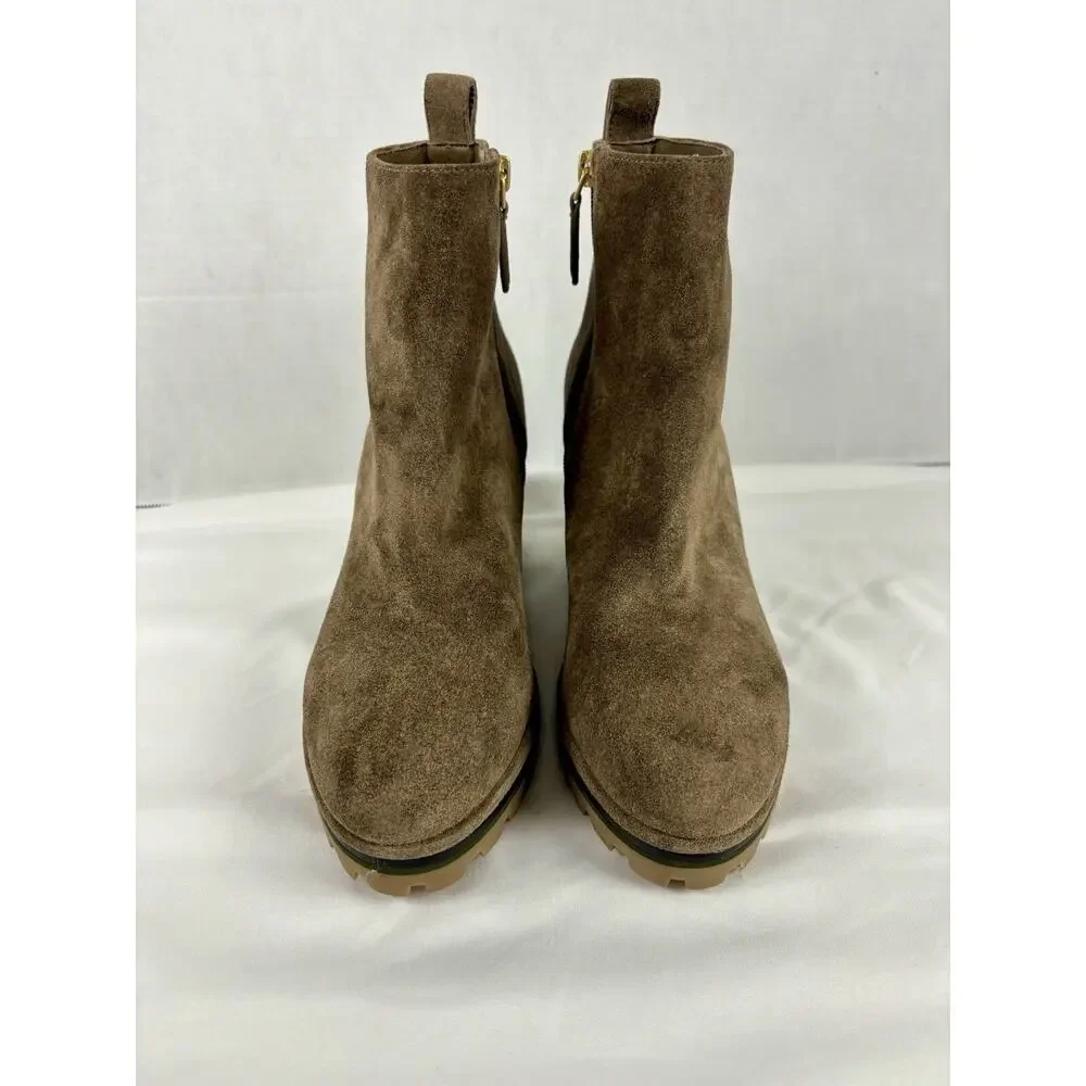 Tory Burch Wedge Boot River Rock Tan Brown Suede 8.5 M Lug Sole